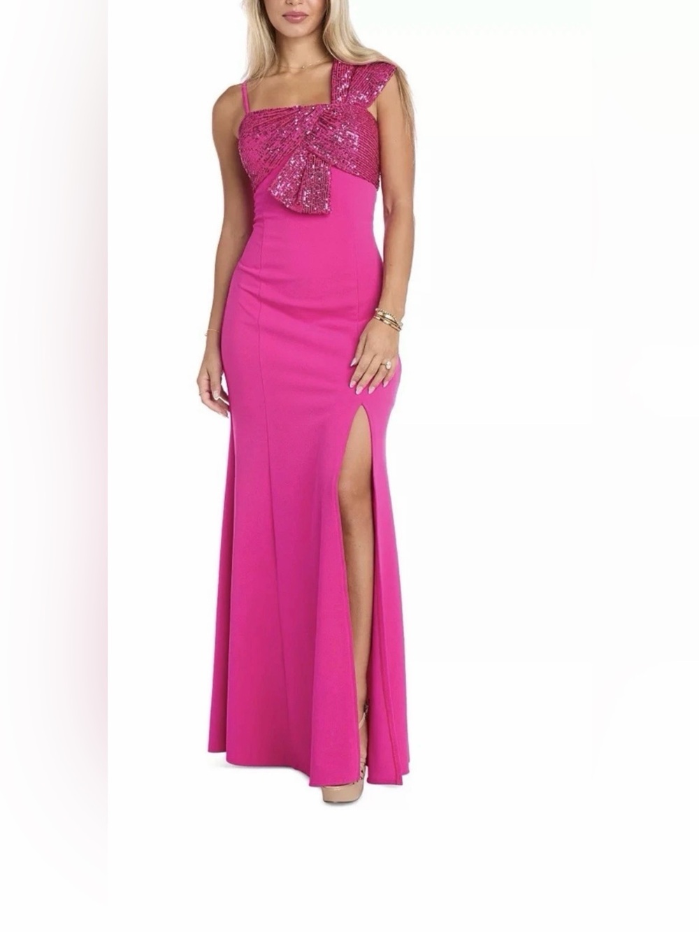 Morgan & Co. Fuchsia Pink Sequin Bow Maxi Square Neck Dress with High Side Slit